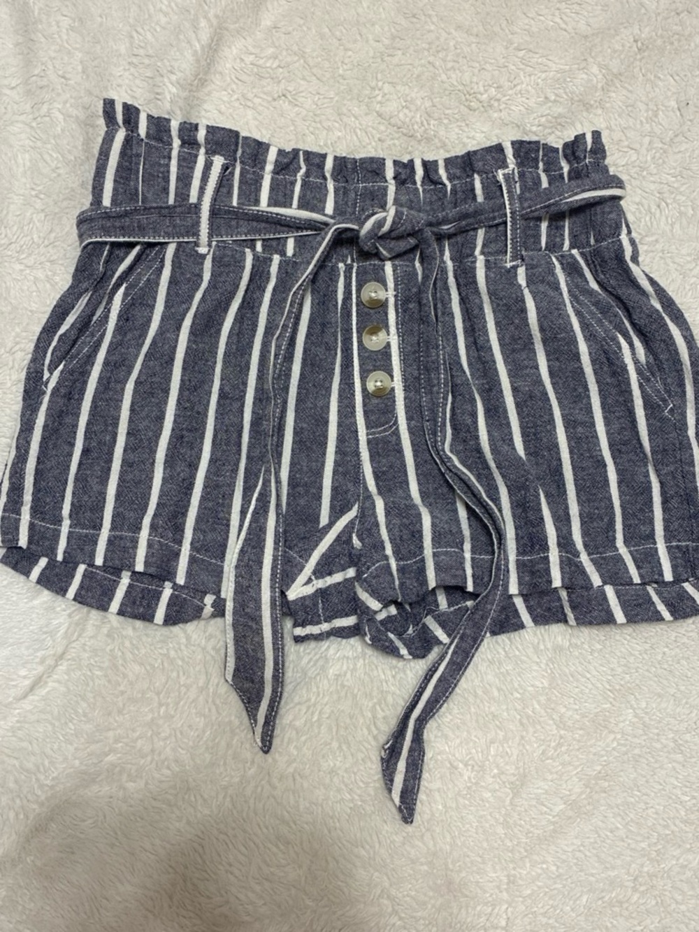 Sincerely Jules Navy and White Striped High-Waist Paperbag Shorts with Tie